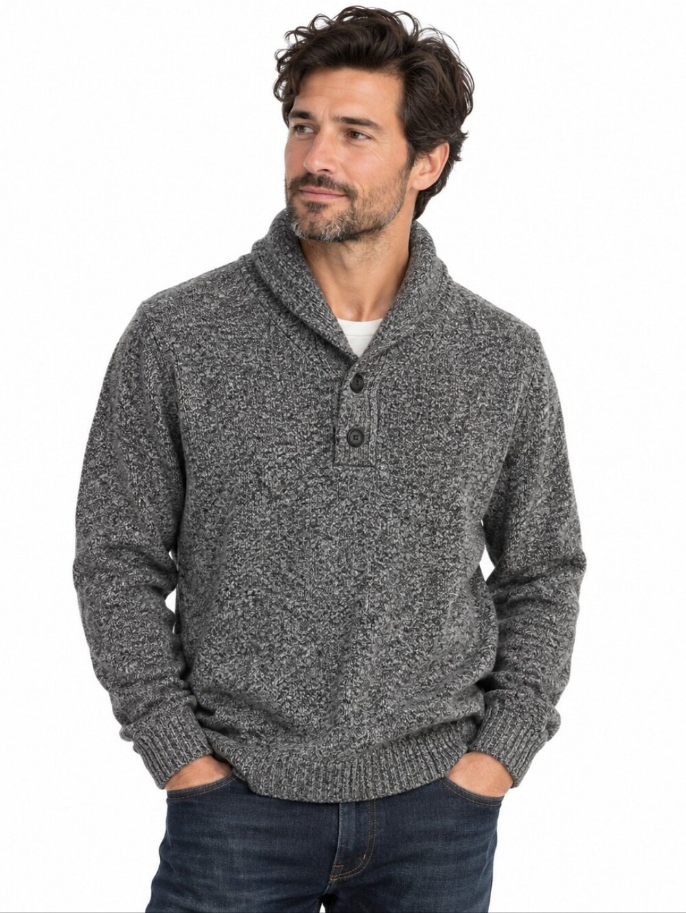 J.Crew Shawl Collar Sweater XL Gray 100% Lambswool Marled Wool Men's